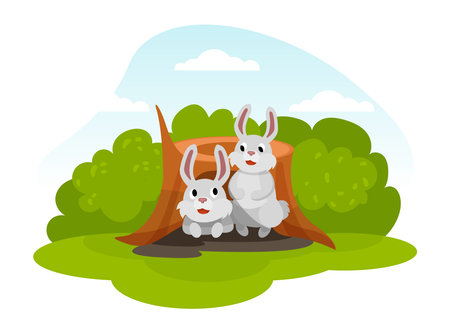 White Bunny at Burrow or Hollow in Stump in the Forest Vector Illustrationのイラスト素材