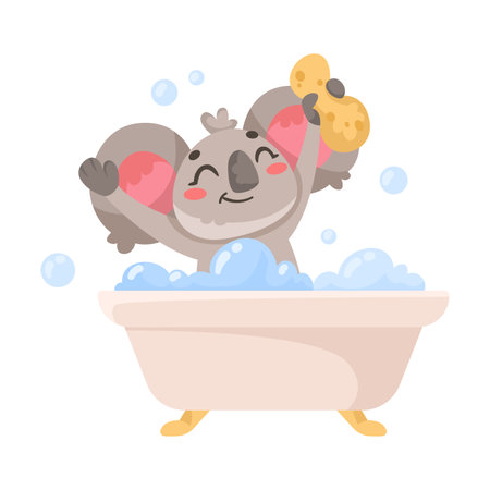 Koala Character Washing and Bathing in Bathtub Follow Hygiene Rule Vector Illustrationのイラスト素材