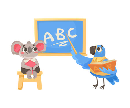 Parrot and Koala Student with Pointer at Chalkboard Studying at School Vector Illustrationのイラスト素材