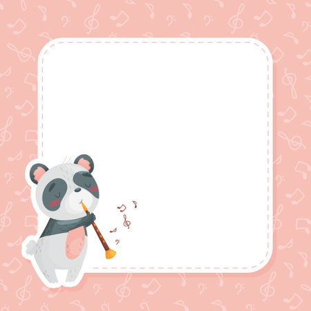 Empty Card with Panda Playing Flute Musical Instrument Vector Templateのイラスト素材