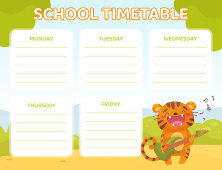 School Timetable with Tiger Playing Musical Instrument Vector Templateのイラスト素材