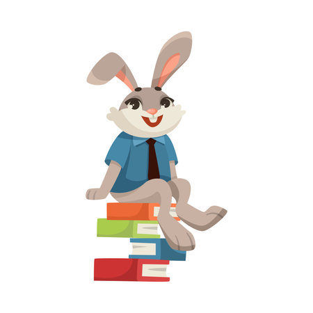 Bunny Student Sitting on Pile of Books Studying at School Vector Illustrationのイラスト素材