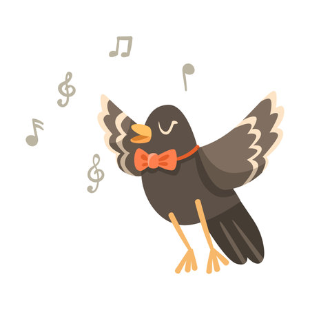 Crow Student Wearing Bow Tie Singing Studying at School Vector Illustrationのイラスト素材
