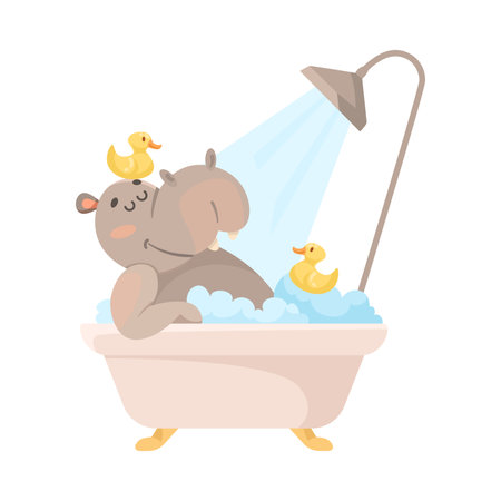 Hippo Character in Bathtub Bathing and Washing with Rubber Yellow Duck Follow Hygiene Rule Vector Illustrationのイラスト素材