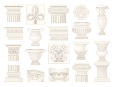 Antique Items with Ancient Ornamental Column Part and Amphora Big Vector Setのイラスト素材