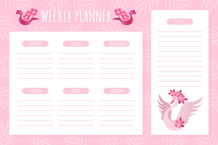 Weekly Planner Design with Pink Swan and Floral Composition Vector Templateのイラスト素材