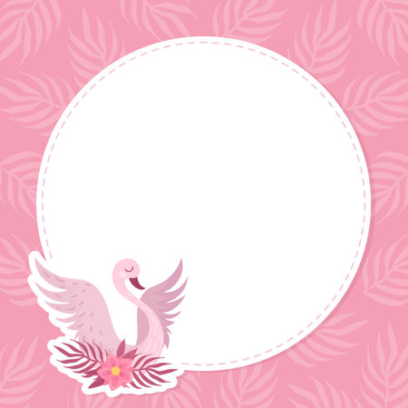 Round Card Design with Pink Swan and Floral Composition Vector Templateのイラスト素材