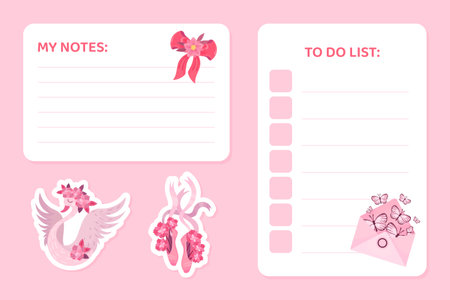 Notes and To Do List Card Design with Pink Envelope and Swan Vector Templateのイラスト素材