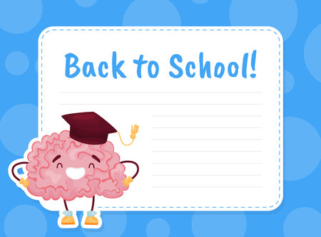 Back to School Card with Cute Cartoon Brain in Graduation Hat Vector Templateのイラスト素材