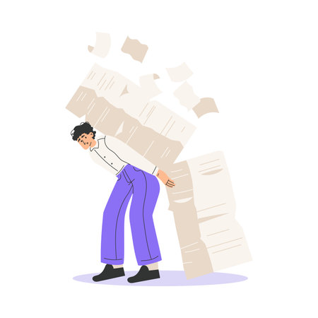 Office Bureaucracy with Man Character Carrying Loads of Paperwork on His Back Vector Illustrationのイラスト素材