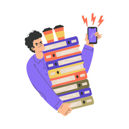 Office Bureaucracy with Frown Man Character Carrying Folder Stack and Coffee Vector Illustrationのイラスト素材