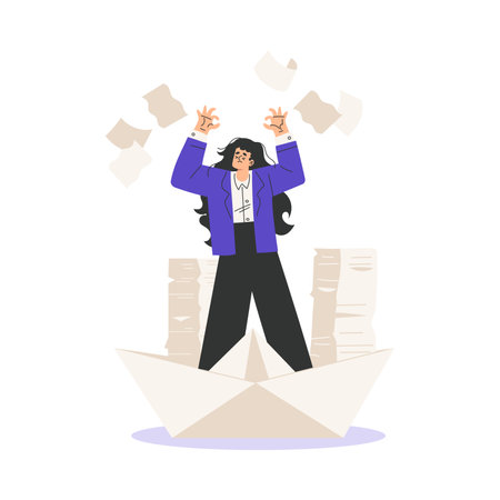 Office Bureaucracy with Woman Character on Paper Boat with Loads of Paperwork Vector Illustrationのイラスト素材