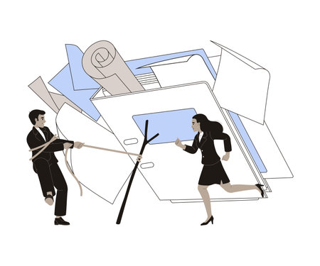 Office Bureaucracy with Man and Woman Character Cope with Loads of Paperwork Vector Illustrationのイラスト素材