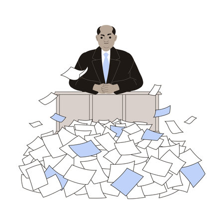 Office Bureaucracy with Man Character with Loads of Paperwork Vector Illustrationのイラスト素材