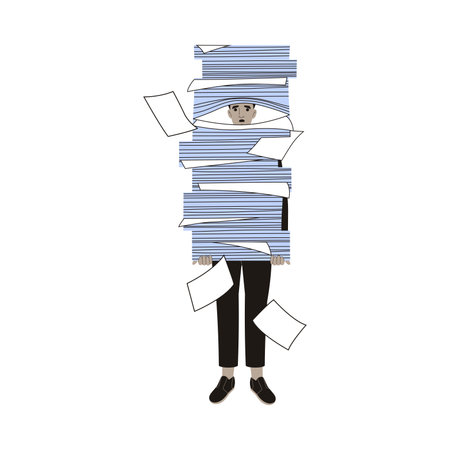 Office Bureaucracy with Man Character with Loads of Paperwork Vector Illustrationのイラスト素材