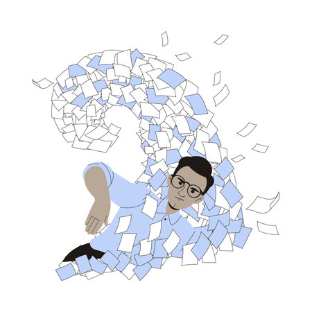 Office Bureaucracy with Man Character Swimming in Wave of Paperwork Vector Illustrationのイラスト素材