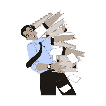 Office Bureaucracy with Man Character with Folders Vector Illustrationのイラスト素材