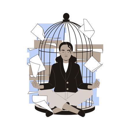 Office Bureaucracy with Woman Character at Cage Meditating with Paperwork Around Vector Illustrationのイラスト素材