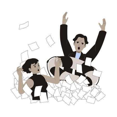 Office Bureaucracy with Man and Woman Character Drowning in Loads of Paperwork Vector Illustrationのイラスト素材