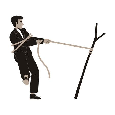 Man Office Employee in Black Suit with Rope Pulling Stick Vector Illustrationのイラスト素材