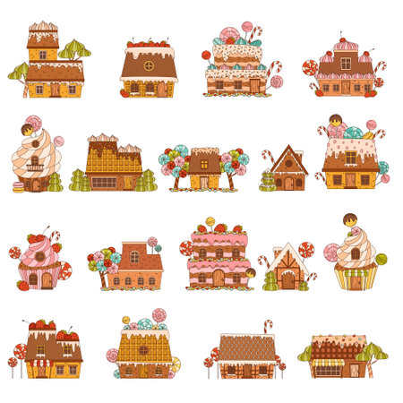 Sweet Candy House Made of Cookie Dough as Shaped Baked Confectionery Big Vector Setのイラスト素材