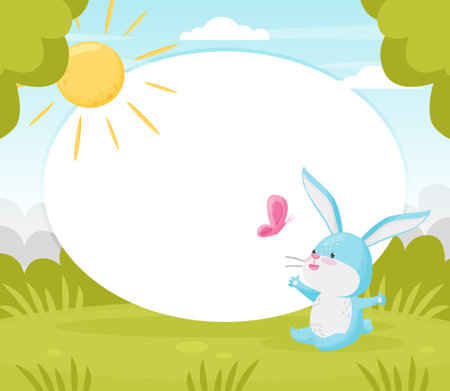 Cartoon Rabbit Empty White Card with Cute Animal Vector Templateのイラスト素材