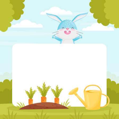 Cartoon Rabbit Empty White Card with Cute Animal Vector Templateのイラスト素材