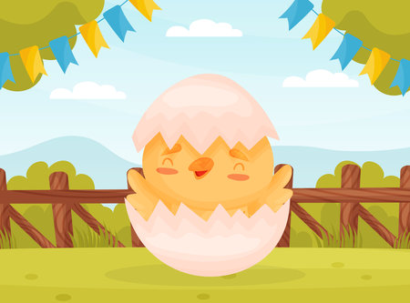 Cute Yellow Chicken Hatched from Egg Shell on Green Lawn Vector Illustrationのイラスト素材