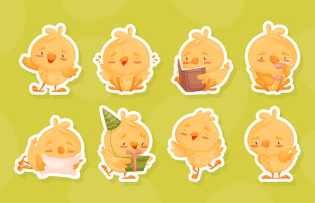 Cute Yellow Chicken Sleep, Read Book and Drink Tea Vector Sticker Setのイラスト素材