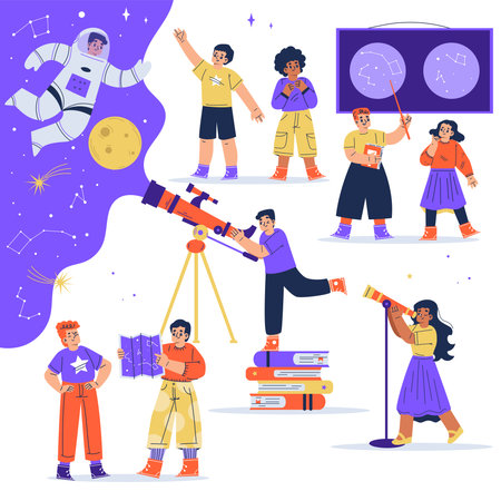 Children Exploring Space and Galaxy Studying Planet Watching Telescope Vector Illustrationのイラスト素材
