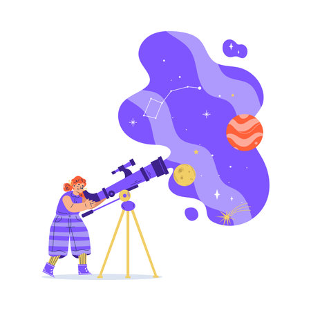 Girl Watching Telescope Exploring Space and Galaxy Vector Illustrationのイラスト素材