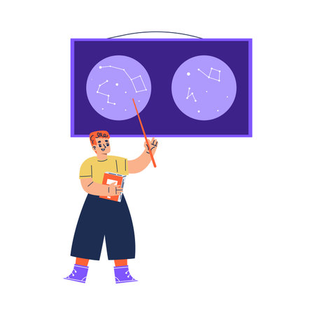 Boy Standing with Pointer at Planet Map Exploring Space and Galaxy Vector Illustrationのイラスト素材