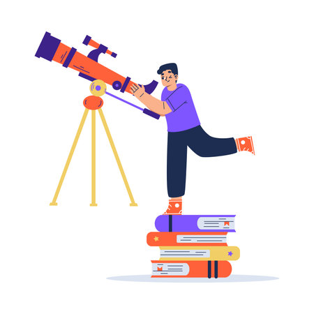 Little Boy Watching Telescope Standing on Pile of Books Exploring Space and Galaxy Vector Illustrationのイラスト素材