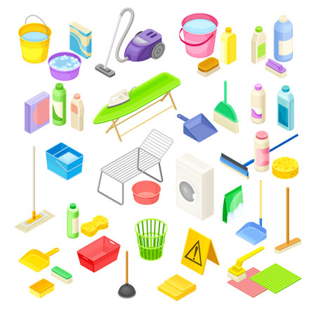 Household Cleaning Equipments with Mop, Broom and Bottles with Detergents Isometric Big Vector Setのイラスト素材