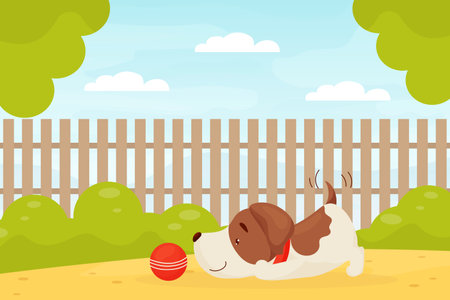 Cute Puppy Playing Ball on Green Lawn Behind Fence Vector Illustrationのイラスト素材