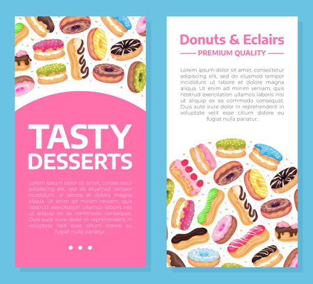 Donut and Eclair Banner Design with Sweet and Yummy Creamy Food Vector Templateのイラスト素材
