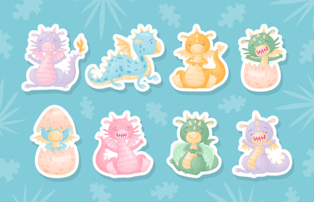 Cartoon Cute Baby Dragon with Wing and Tail Vector Sticker Setのイラスト素材