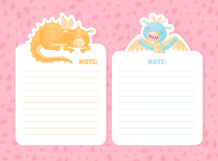 Note Card with Cartoon Cute Baby Dragon with Wing and Tail Vector Templateのイラスト素材