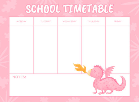 School Timetable with Baby Dragon with Wing and Tail Vector Templateのイラスト素材