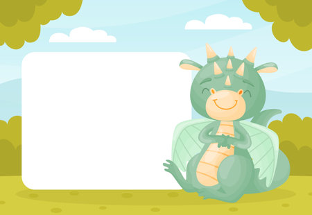Empty Card with Cartoon Cute Baby Dragon with Wing and Tail Vector Templateのイラスト素材