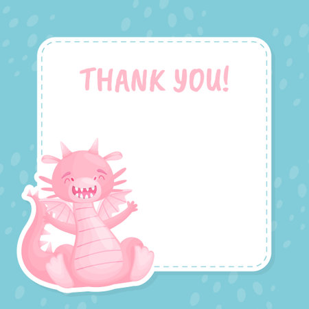 Thank You Card with Cartoon Cute Baby Dragon with Wing and Tail Vector Templateのイラスト素材