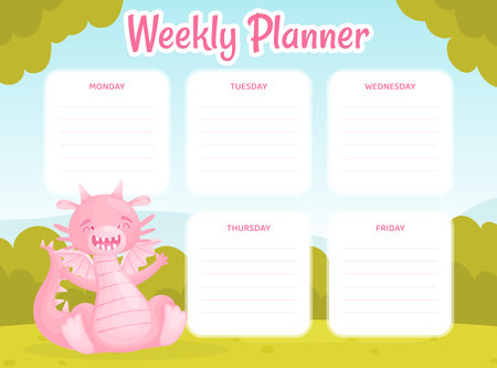 Cartoon Cute Baby Dragon with Wing and Tail Weekly Planner Vector Templateのイラスト素材
