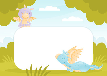 Cartoon Cute Baby Dragon with Wing and Tail Empty Card Vector Templateのイラスト素材
