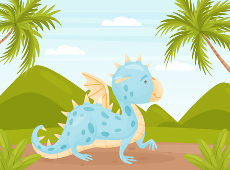 Cartoon Cute Baby Dragon with Wing and Tail Vector Illustrationのイラスト素材