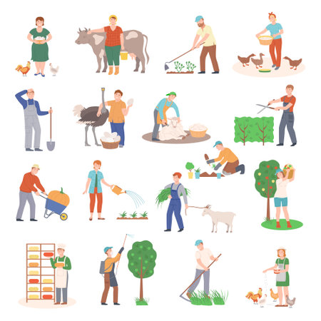 People Farmer Characters Harvesting and Doing Garden Work Big Vector Illustration Setのイラスト素材