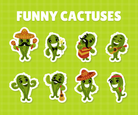 Funny Cactus Character in Sombrero Hat with Guitar Sticker Vector Setのイラスト素材