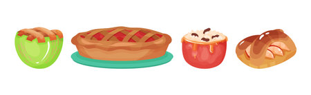 Desserts with Apple Like Bun, Porridge and Apple Pie Vector Setのイラスト素材
