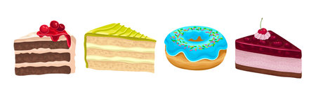 Layered Cake Pieces with Cream and Berry Vector Setのイラスト素材