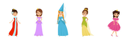 Smiling Princess Wearing Crown and Dressy Look Garment Vector Illustration Setのイラスト素材