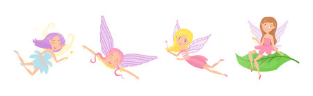 Little Fairy or Pixie with Wings with Magic Wand Vector Illustration Setのイラスト素材